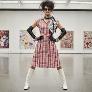 Vintage 70s Plaid Shirtwaist Dress Midi Dagger Collar Belted M Cottagecore